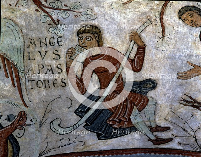 Annunciation to the Shepherds', detail of a shepherd playing the flageolet. Mural painting in the…