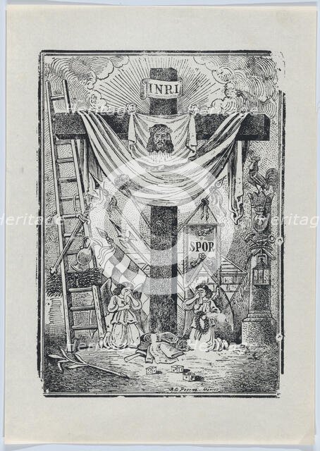 The cross decorated with instruments of the passion of Christ, two weeping angels..., ca. 1900-1913. Creator: José Guadalupe Posada.
