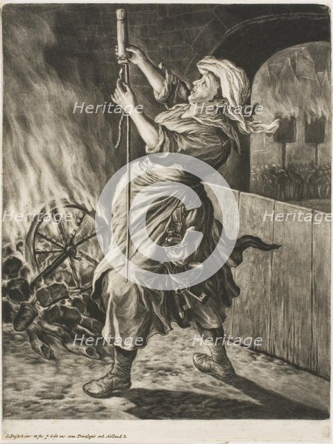 Woman Lighting a Rocket, also called Peace Gets Me Going, from Communia..., 1695. Creator: Cornelis Dusart.