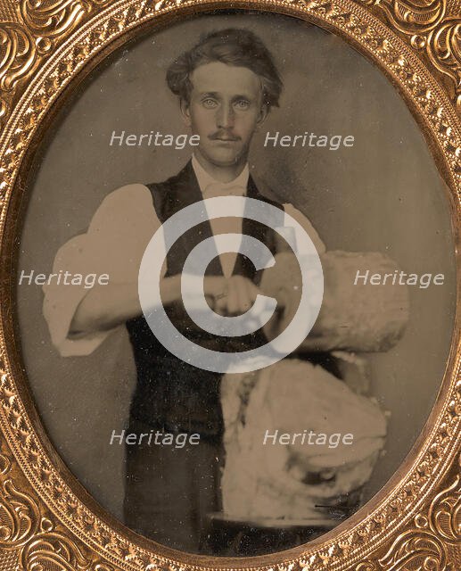 Man Riving Wood with Froe and Club, 1860s. Creator: Unknown.