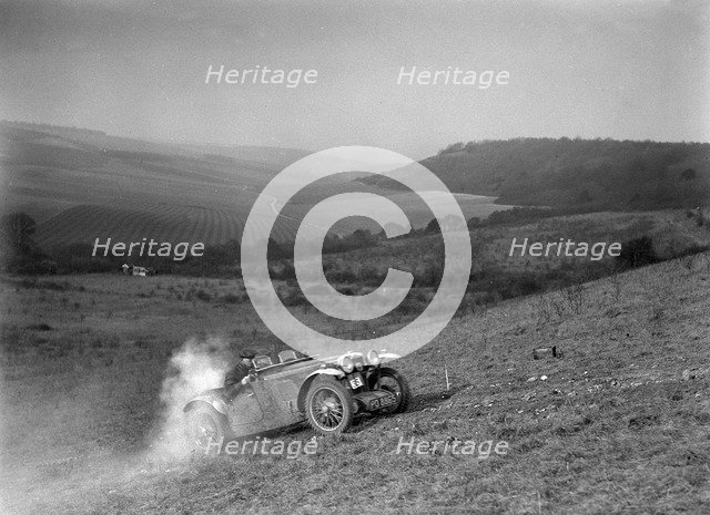 MG J2 competing in the London Motor Club Coventry Cup Trial, Knatts Hill, Kent, 1938. Artist: Bill Brunell.