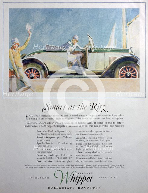 Advert for the Overland Whippet Collegiate Roadster car, 1927. Artist: Unknown