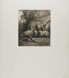 Woman Feeding Six Pigs, 1850. Creator: Charles Emile Jacque.