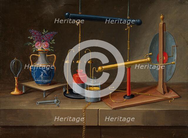 Electricity: condenser jars, an electro-static generator, and a vase with flowers, (18--?). Creator: Paul Lelong.