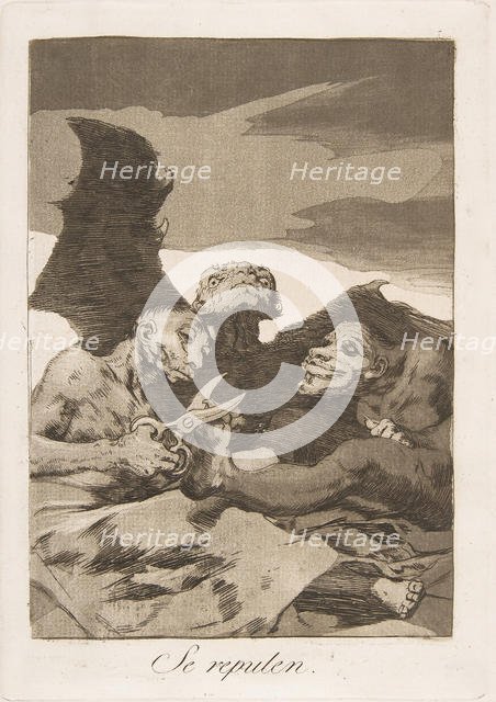 Plate 51 from 'Los Caprichos': They spruce themselves up (Se repulen.), 1799. Creator: Francisco Goya.