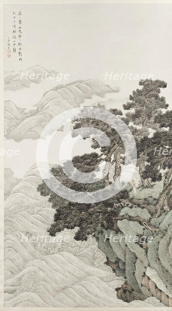 Solitary person under pines contemplating waves, 1820. Creator: Zhang Yin.