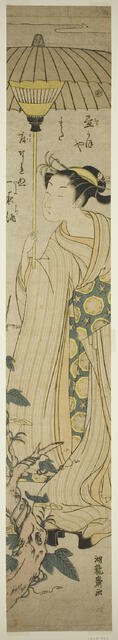 Young Woman Holding Parasol Admires Hirugao (noon-face) Flowers, c. 1772. Creator: Isoda Koryusai.