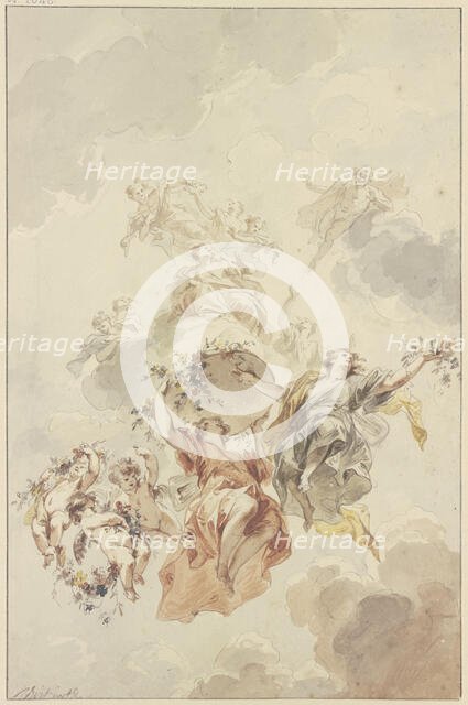 Genii and cupids grouped around a basket of flowers ascending towards heaven, 1725. Creator: Jacob de Wit.