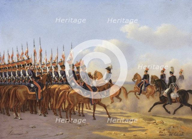 Nicholas I and his entourage reviewing the Life Guards Lancer (Ulansky) His Majesty's Regiment, 1846