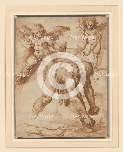 Studies of a Figure Bending Over, Two Putti, and an Arm (recto); Rest on the Flight..., 1596/97. Creator: Cesare Rossetti.