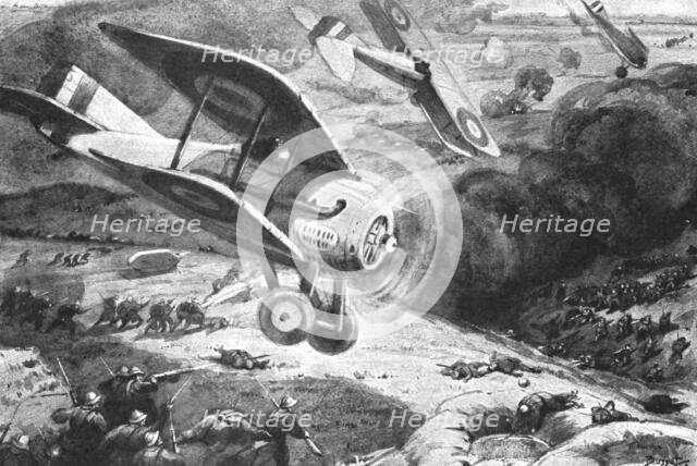 'Combat Aerien; Au combat avec l'infanterie; La guerre de mouvements reparu en 1918. Creator: Maurice Busset.