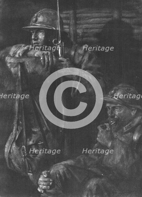 'Les Guetteurs; on ne fume pas au poste d'ecoute, mais il est permis de macher sa pipe..., 1916. Creator: Lucien Jonas.