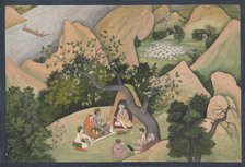 Rama, Sita, and Lakshmana at the Hermitage of Bharadvaja: Illustrated folio from..., ca. 1780. Creator: Unknown.
