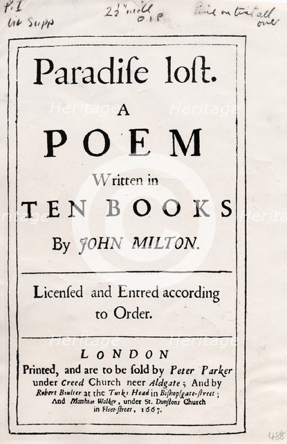Cover of the 1st edition of 'Paradise Lost', by John Milton, 1661. Artist: John Milton