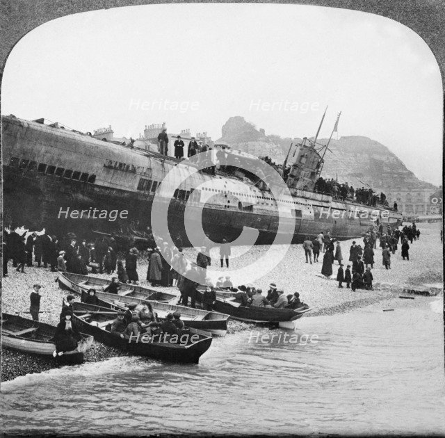 German U-boat U-118 aground on Hastings Beach, Sussex, 1919. Artist: Unknown.