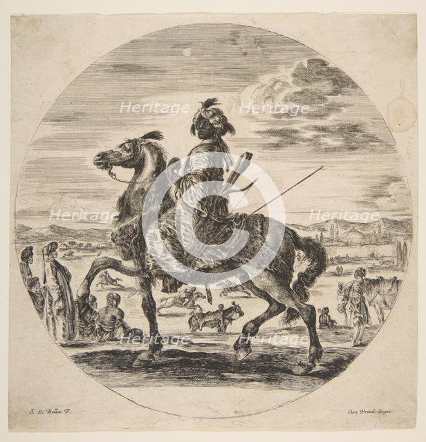 A Moorish horseman facing the left, standing and seated Turks in the middle ground, an..., ca. 1651. Creator: Stefano della Bella.