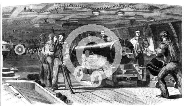 Gun practice on board H.M.S. "Brilliant", 1860. Creator: Unknown.