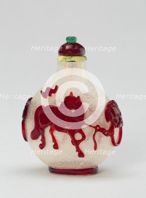 Snuff Bottle with Saddled and Bridled Horses Tethered to Mock Ring Handles, Qing dynasty, 1760-1810. Creator: Unknown.