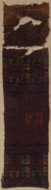 Textile Fragment with Frontal Deity Heads, Felines, and Interlace Pattern, 700 BC- 400 BC. Creator: Unknown.