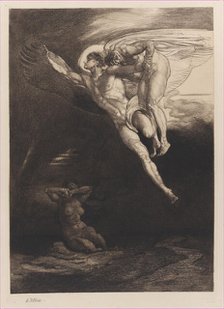 Lucifer Carries Cain up into the Finite Space, from Eight Etchings on Byron's Cain , ..., 1919-1920. Creator: Rudolf Jettmar.