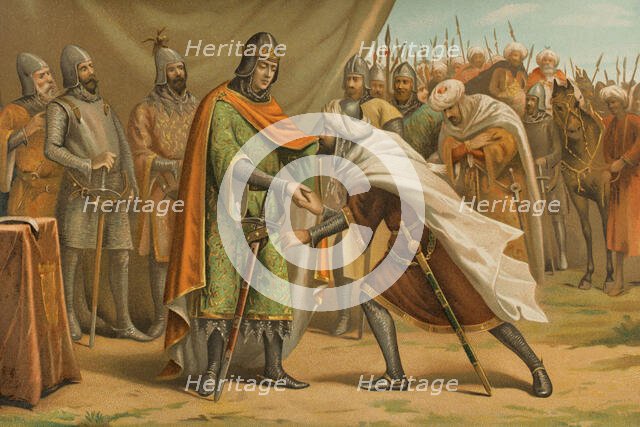 Muhammad I (1194-1273) kissing the hand of the King of Castile, March 1246, (1890).  Creator: Unknown.
