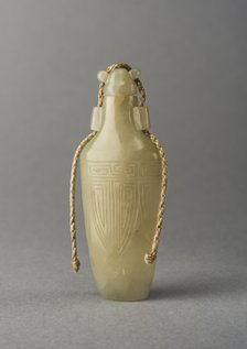 Pale Green jade snuff bottle with incised decoration, China, Qing dynasty, 1644-1911. Creator: Unknown.