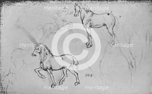 'Two Studies of Horses, One of a Galloping Horseman and Others of Horses' Legs', c1480 (1945). Artist: Leonardo da Vinci.