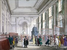 The Great Hall at Bank of England, City of London, 1809; with customers. and employees. Artist: Augustus Charles Pugin