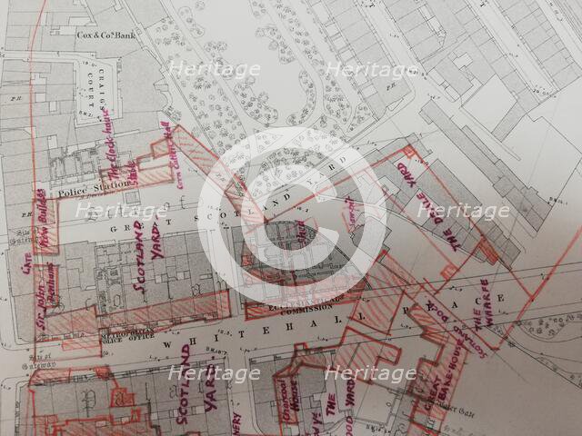 Plan of buildings in Whitehall, Westminster, London, 1874.  Creator: Tom Higgs.