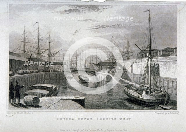 View of London Docks looking west, Wapping, 1831. Artist: MJ Starling