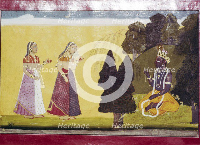 Krishna with flute, approached by two ladies. Artist: Unknown.