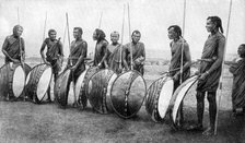 A group of Masai warriors in full battle panoply, 1922.Artist: SJ Hopper