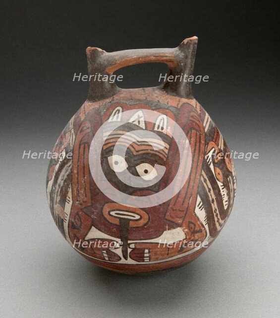 Double Spout Vessel Depicting Costumed Figure with Tattoos and Serpent Attributes, 180 B.C./A.D. 500 Creator: Unknown.