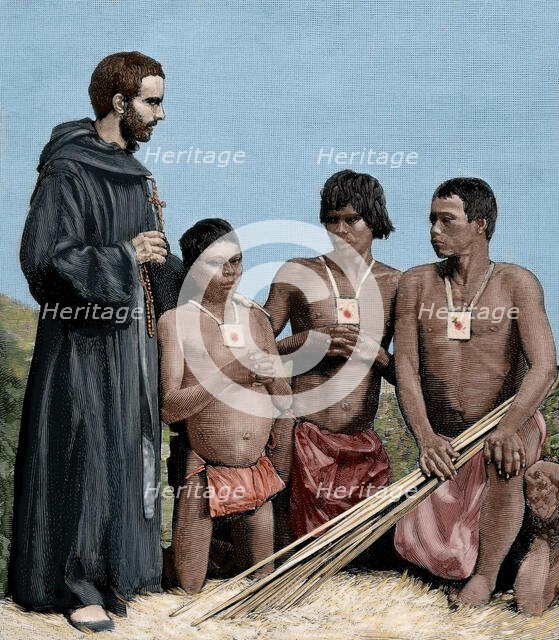Augustinian Recollect friar converting Guahibo Indians, Spanish Mission, Colombia, 1887.  Creator: Unknown.