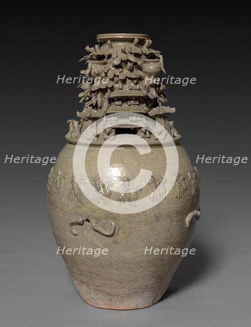 Funerary Urn (Hunping) with Figures, Pavilions, and Birds, 265-316. Creator: Unknown.