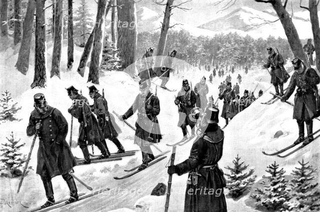 March of the 5th Prussian Rifle Battalion on snow-shoes through the Giant's Mountains, Silesia, 1895 Creator: Lascelles.