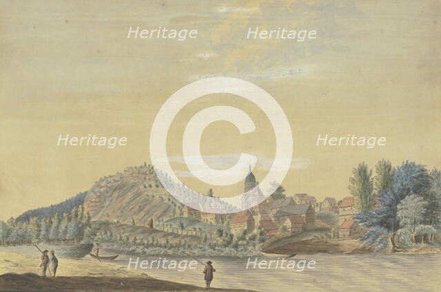 Village with a church by a river..., late 18th century. Creator: Caspar Schneider.