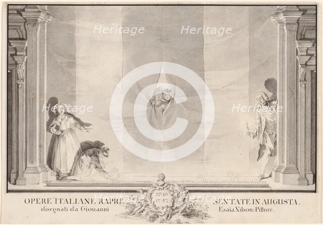 Two Actors Peeking through a Theater Curtain while Others Prepare the Footlights. Creator: Johann Esaias Nilson.