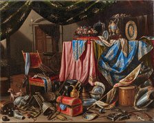 Interior with drapes, flowers, vases, armour, weapons, flags and a small dog. Creator: Manieri, Carlo (active 1662-1700).
