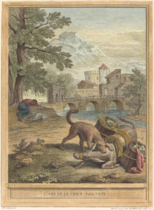 L'ane et le chien (The Donkey and the Dog), published 1756. Creator: Michel Aubert.