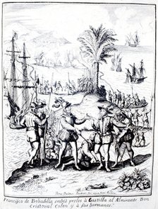 Francisco de Bobadilla arresting Christopher Columbus and his brothers, engraving in the work 'De…