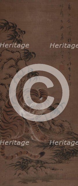 A tiger takes shelter under a rock, 1810. Creator: Kazan; Watanabe (1793-1841).