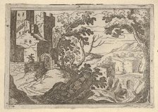 Landscape with buildings to the left and a bridge at right below, ca. 1620-50. Creator: Remigio Cantagallina.