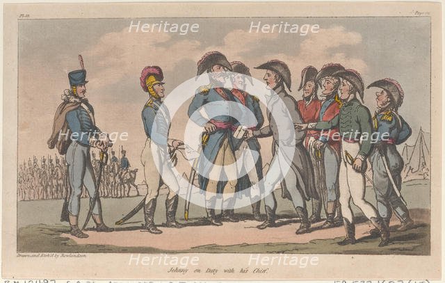 Johnny on Duty with his Chief, from "The Military Adventures of Johnny Newcome", 1815., 1815. Creator: Thomas Rowlandson.