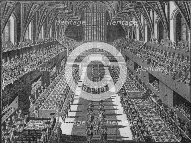The interior of Westminster Hall at the coronation banquet of King George II, 1727 (1911). Artist: S Moore.