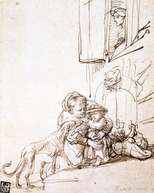 'Woman with a Child Afraid of a Dog', 17th century. Artist: Rembrandt Harmensz van Rijn    