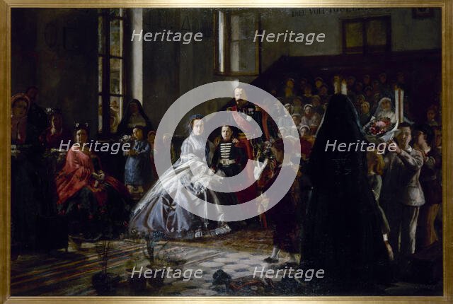 The Emperor, the Empress and the Imperial Prince visiting an orphanage in Fontainebleau, c1867. Creator: Auguste Victor Pluyette.