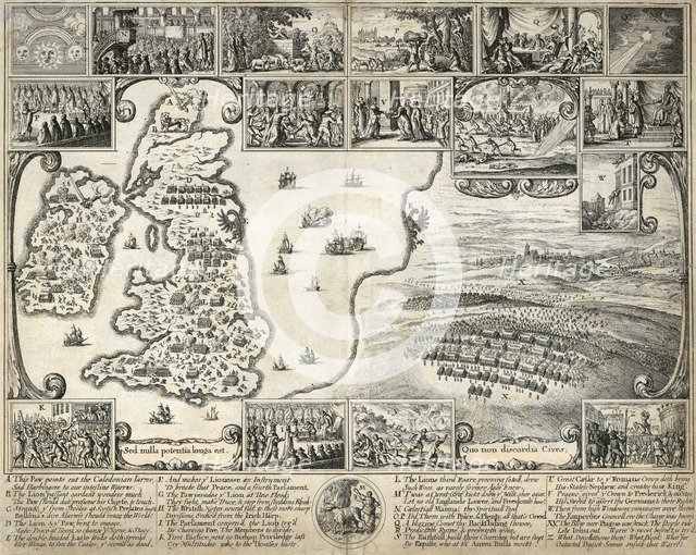 Map of the British Isles and illustrations of 17th century historical events, c1659. Artist: Wenceslaus Hollar.