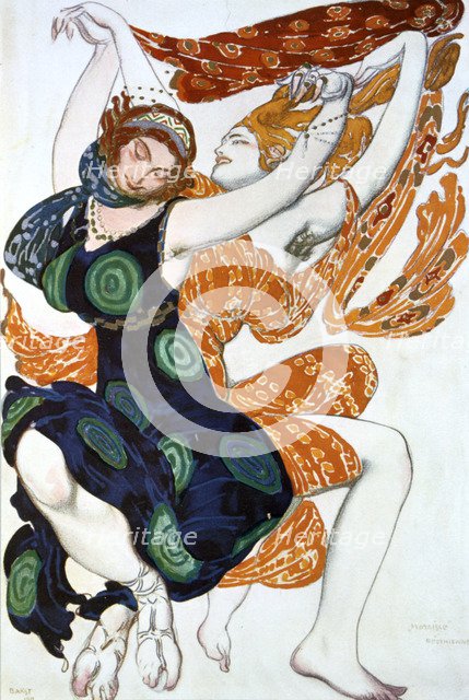 'Two Bacchantes', costume design for a Ballets Russes production of Tcherepnin's Narcisse, 1911. Artist: Leon Bakst