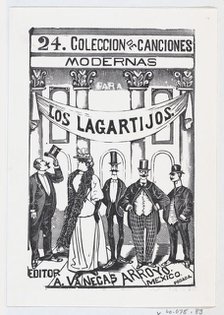 Four men and one woman in fine clothes standing in a line under a banner, illustr..., ca. 1880-1910. Creator: José Guadalupe Posada.